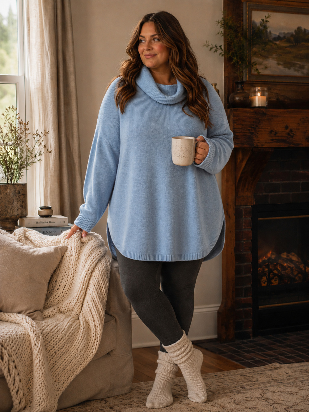 Soft Surroundings Cowl Neck Sweater Tunic Blue Plush Ribbed Chenille NWT Sz 3X